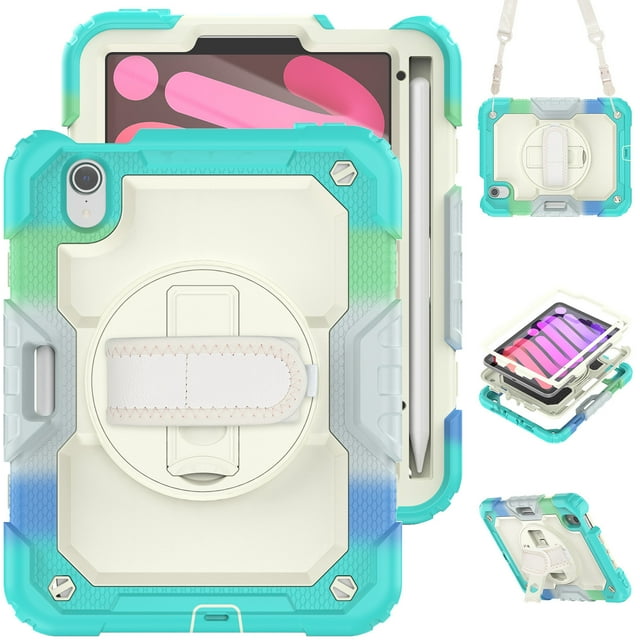 Case for iPad Mini 7 A17 Pro 2024/Mini 6 2021 8.3 Inch 7th/6th Gen with Screen Protector, 360 Degree Rotating Kickstand Hand Strap Shockproof Cover with Shoulder Strap, Rainbow Blue