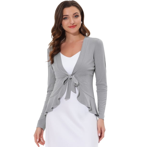 AllegK Cardigan Dobladillo Rizado RebeDe Punto Frente De CorbaPaMujeres Gris Claro S