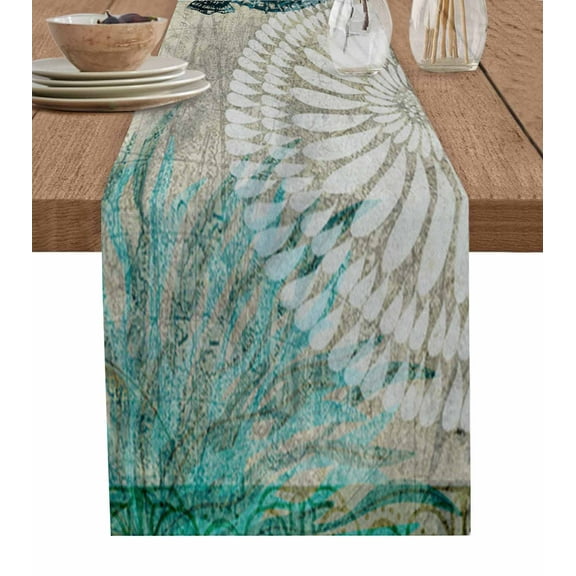 Table Runner Dresser Scarves 90 Inch Long, Watercolor Marine Ocean Life Seahorse Linen Dining Table Runners Vintage Nautical Map Back Tabletop Scarf for Wedding Holiday Party Kitchen