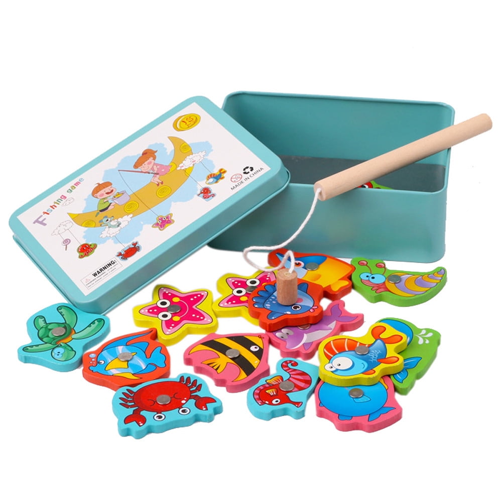 15Pcs Wooden Magnetic Fishing Toys Set Fish Game Kids Educational Fishing Toys 