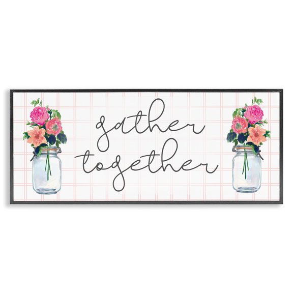 Stupell Industries French Country Gather Together Jar Floral Bouquet Geometric Kitchen Pattern Black Framed Giclee Art, 24 x 10, by Dogwood Portfolio