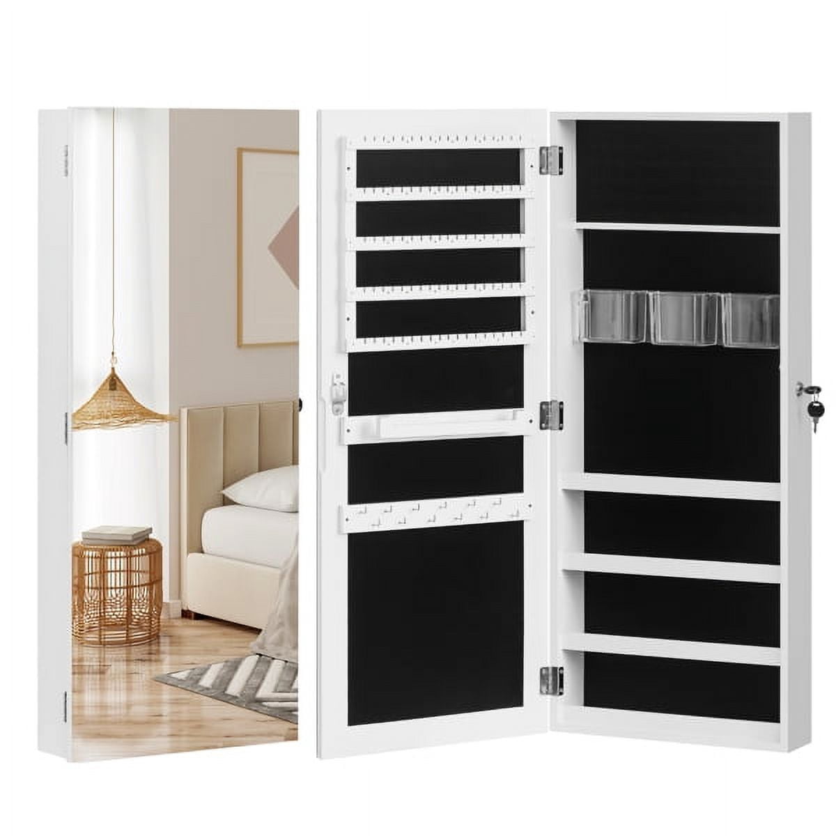 Whole Surface PVC Film Wall-Mounted Jewelry Cabinet With Mirror & Lock Large Storage For Accessories White