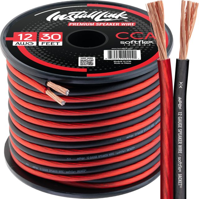 cable de altavoz install link, calibre 12 awg (9,1 m), estéreo carrete de cable trenzado rojo y negro con funda Softflex; etiqueta indica 12 AWG (30 feet) y conductores pelados muestran hilos CCA (núcleo de aluminio recubierto de cobre) y doble conductor para identificación de polaridad; adecuado para cine en casa, audio de coche y proyectos DIY.