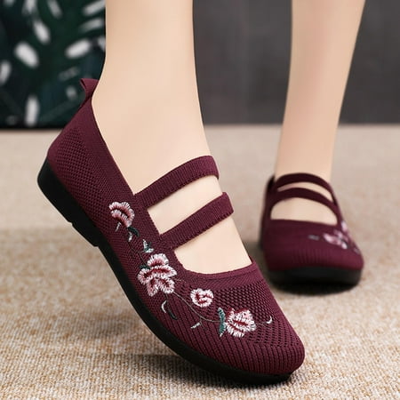 

AXXD Mesh Woven Round Toe Shallow Slip On Embroidered Red Shoes For Women Flats Comfortable Dressy Christmas Size 35(US:5)