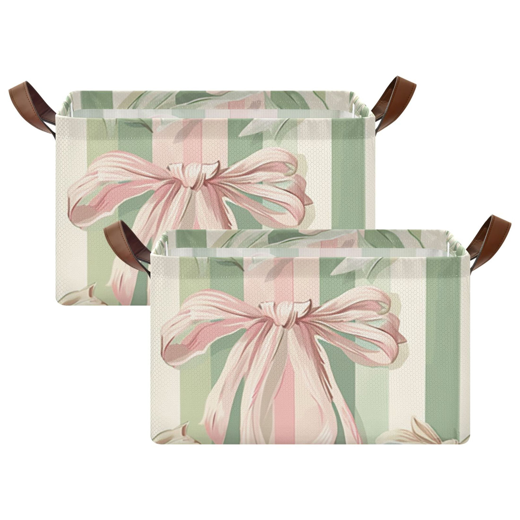 Pink Green Ribbons Stripe Foldable Storage Large Fabric Storage Baskets Organizer Storage Bins with Handles for Shelves