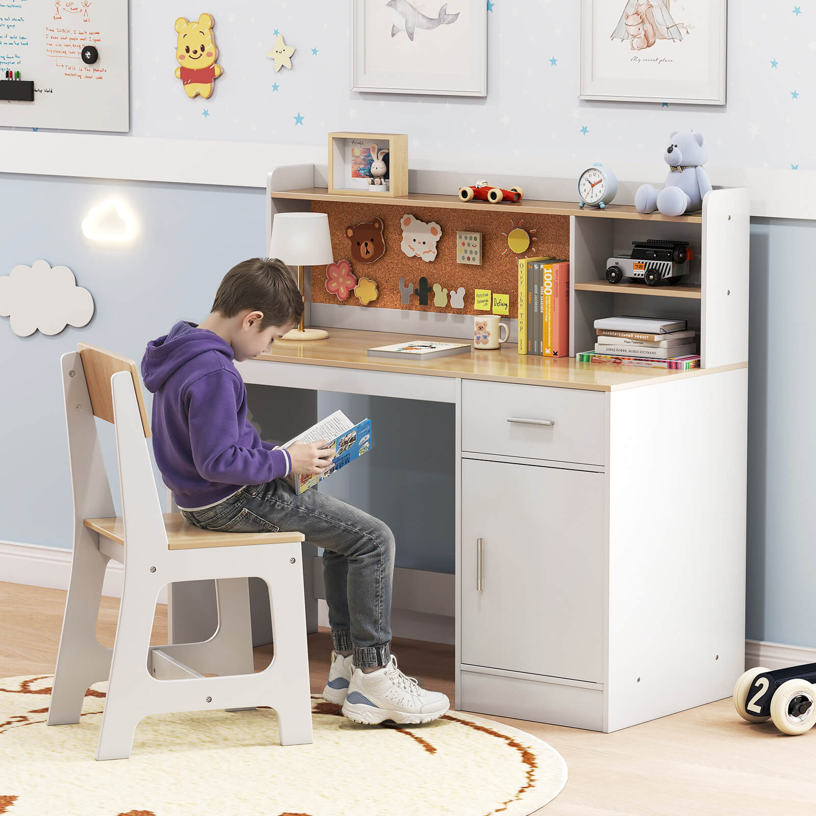 Costway Kids Study Desk and Chair Set Wooden Children Writing Table with Shelves & Drawer Beige