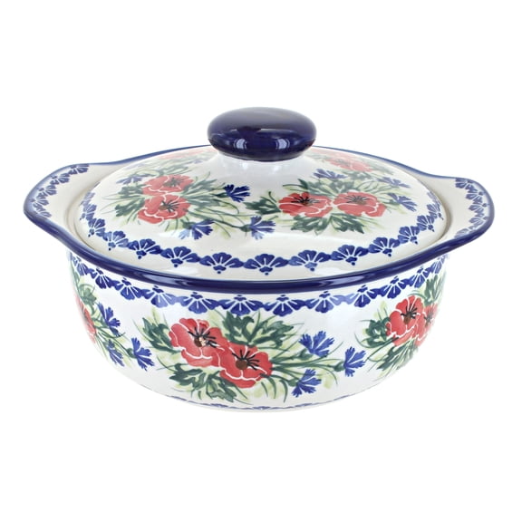 Blue Rose Polish Pottery Cherry Red Bouquet Round Covered Baker