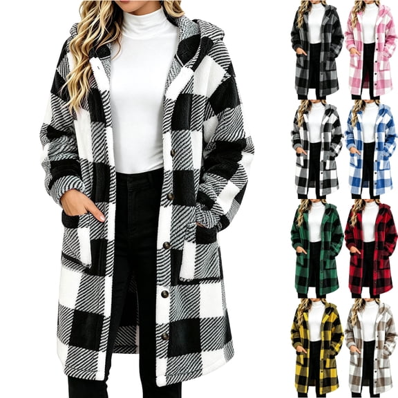 Plaid Jackets for Womens Fall and Winter Oversize PlaidPlaid Fuzzy Fleece Hooded Jacket Casual Mid Long Length Long Sleeve Outerwear Coat With Pockets