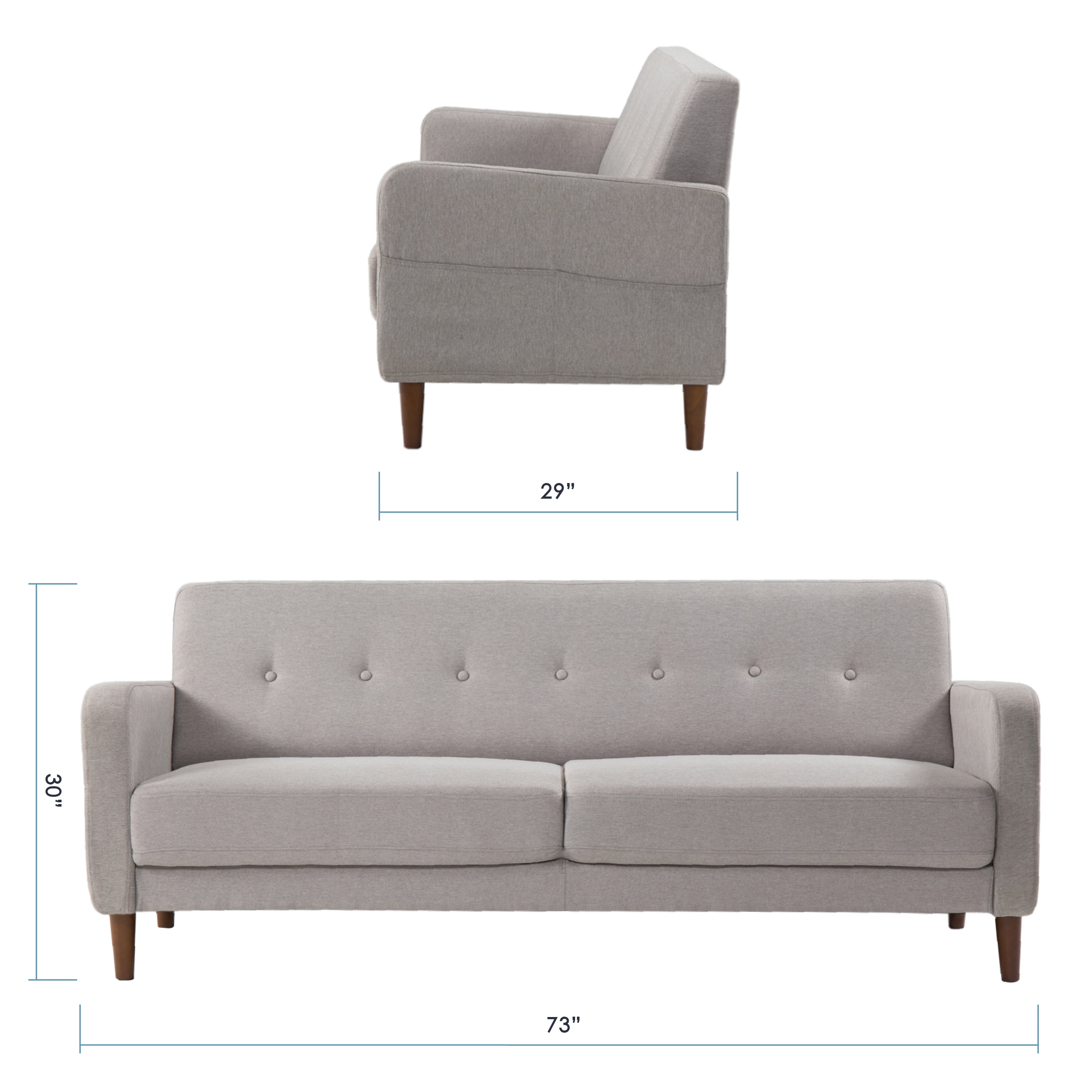 Mellow Adair Modern Sofa with Armrest Pockets, Light Grey