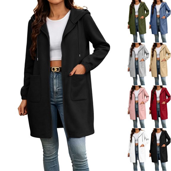 Husipze Hoodies for Women Fall Winter Mid Length Long Sleeved Drawstring Solid Hooded Sweatshirt With Pocket Black S