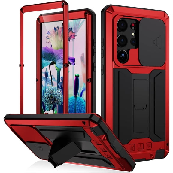 Case for Galaxy S23 Ultra,Military Grade 3 in 1 Metal Full-Body Rugged Kickstand Protective Case with Built-in Screen Protector Phone Case for Samsung Galaxy S23 Ultra 5G,6.8" 2023 (Red)