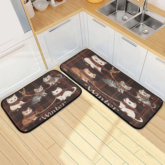 Kitchen Rugs and Mats【2 PCS】Non Skid Cute Plaid Of Cats Pattern Creative Kitchen Mat