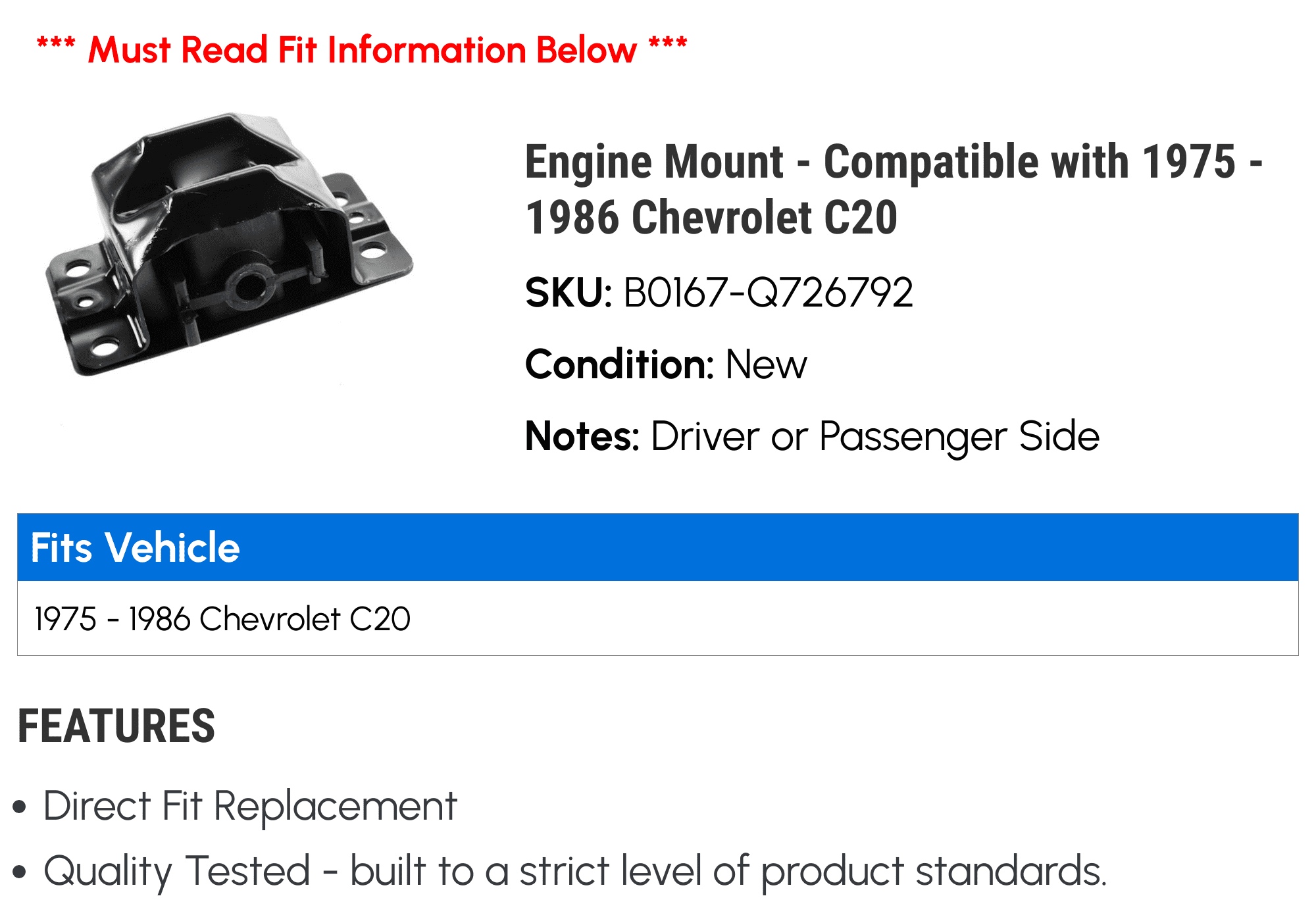 Engine Mount - Compatible with 1975 - 1986 Chevy C20 1976 1977 1978 1979 1980 1981 1982 1983 1984 1985