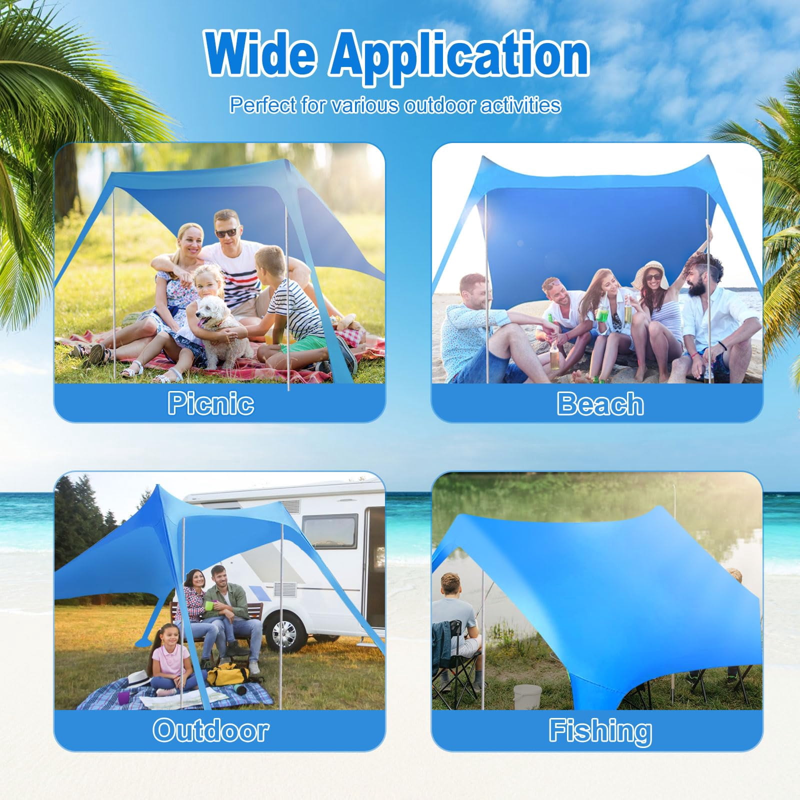 2-Pole Beach Canopy Tent – UPF 50+ Sun Shade with Sandbags & Carry Bag – Windproof, Portable – 78”x78” Fits 6-8 People – for Camping, Backyard, Picnic & Outdoor Activities