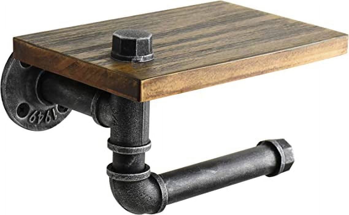 Firefly Hope Rustic Industrial Toilet Paper Holder, Pipe & Wooden Wall Mount with Shelf – Farmhouse Bathroom Tissue Holder(Silver)