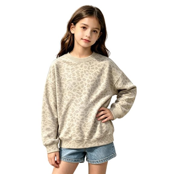 ZHOGXU Toddler Boys Girls Sweatshirts Leopard Print Crewneck Pullover Relaxed Fit Kids Tops School Wear,Beige,3-4 Years