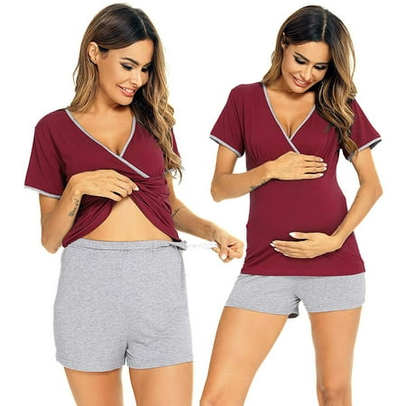 

Uniexcosm Women s Maternity Pajama Set Breastfeeding Sleepwear Nursing Set V Neck Short Sleeve Top & Pants Pregnancy PJS