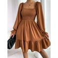 thumbnail image 5 of Women'S Square Neck Lantern Long Sleeve Ruffle Shirred Flowy Party Mini Dress Light Brown XL, 5 of 9