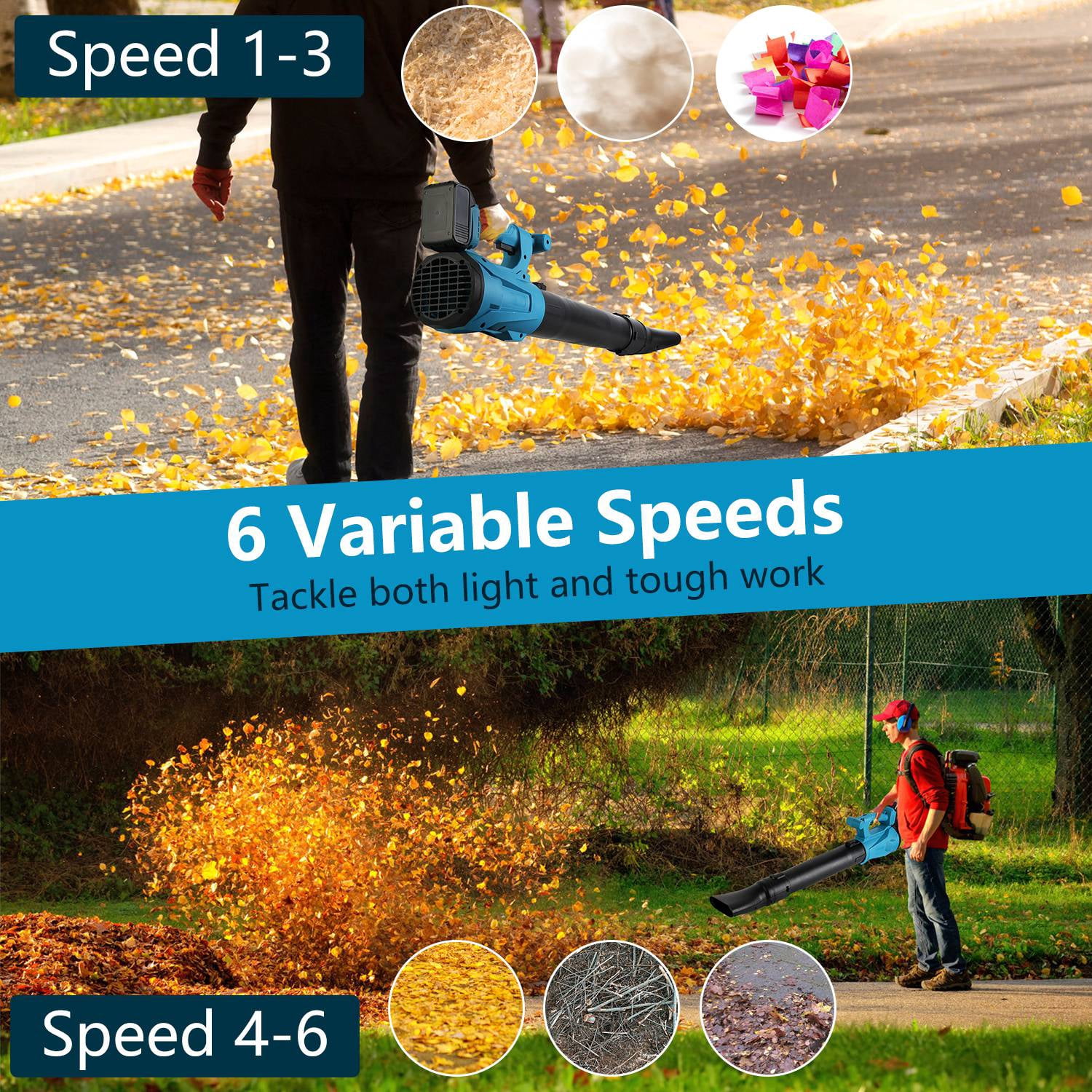 Leaf Blower Cordless with 2 21V Battery and Charger, 6 Speed Mode, Electric Lightweight Leaf Blowers for Lawn Care, Yard, Sidewalk and Snow Blowing, Non-Slip Hand Blower