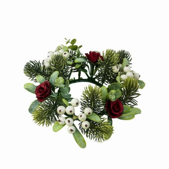 7.09" Mini Christmas Wreath Deocr Greenery Pine Needle Wreath with White Berries Roses Holiday Decoration for Indoor and Outdoor