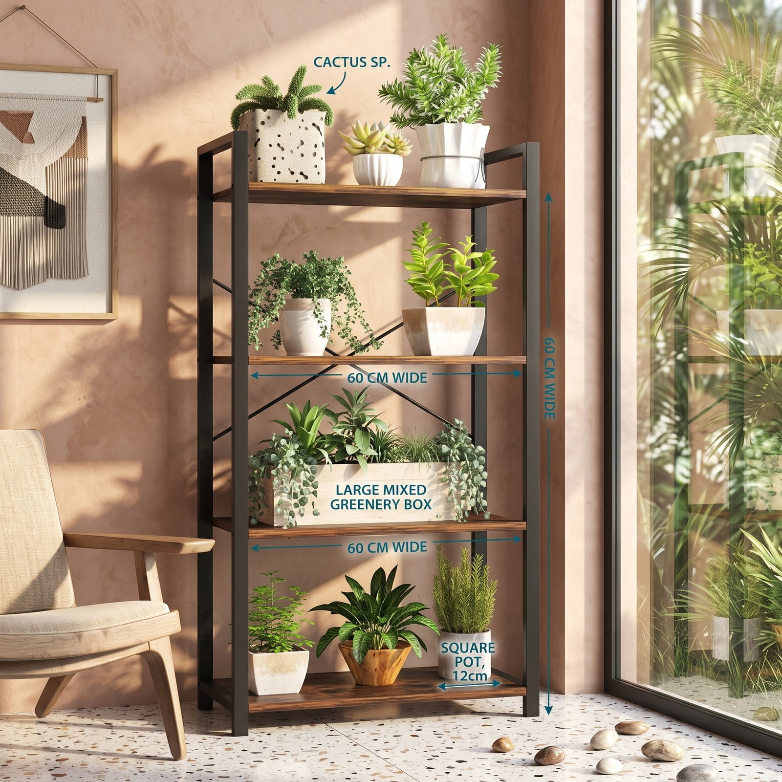 Furnibear 4-Tier Bookshelf with Heavy Duty Metal Frame, Industrial Freestanding Display Storage Shelf with X-Shaped Bracket and Anti-Tip Kits for Living, Rustic Brown
