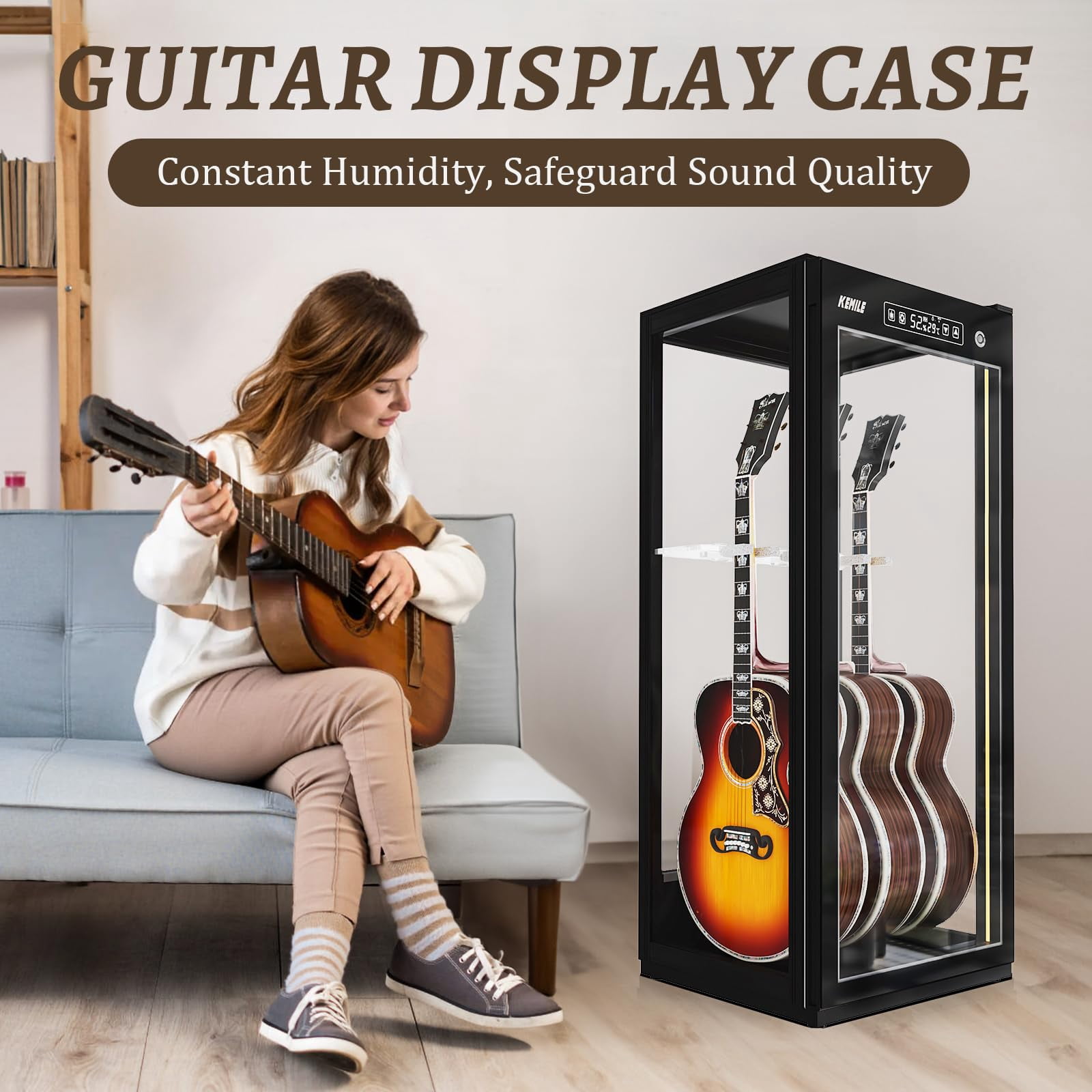 Chehery Guitar Display Case with Humidification, Constant Temperature, Fingerprint Lock, Holds 3 Acoustic/4 Electric Guitars, 4‑Sided Glass Cabinet