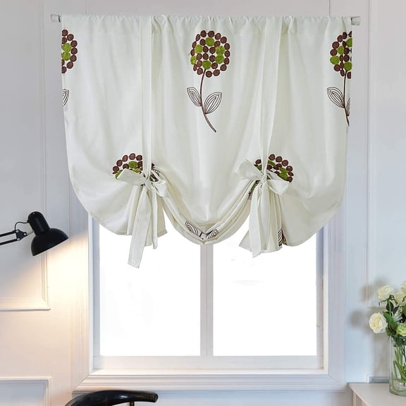 Nvzi-a Embroidered Farmhouse Tie Up Shade Curtain Thermal Insulated Adjustable Balloon Curtain for Small Window Rod Pocket 1 Panel (39"x55",Floral a)