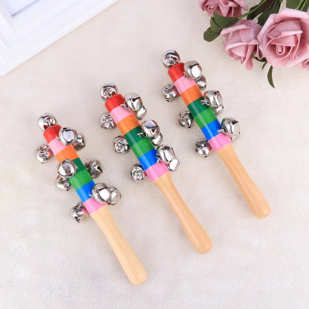 TOYMYTOY 3pcs Baby Kids Toys Jingle Bell Christmas Hand Jingle Bells Children Musical Instrument with Wood Handle 