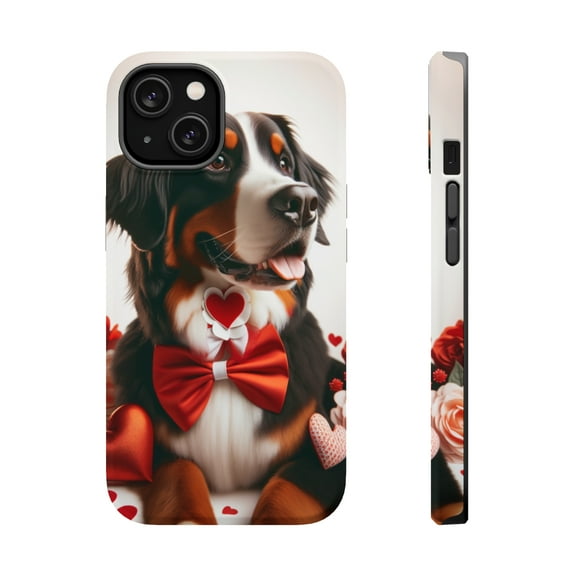 DistinctInk Tough Case for Apple iPhone 13 (6.1" Screen), Compatible with MagSafe Charging - Valentine's Day Bernese Mountain Dog