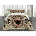thumbnail image 3 of Ambesonne Antler Quilted Bedspread Set 3 Pcs, Floral Skull and Wolves, Queen Size, Black Beige Pink, 3 of 5