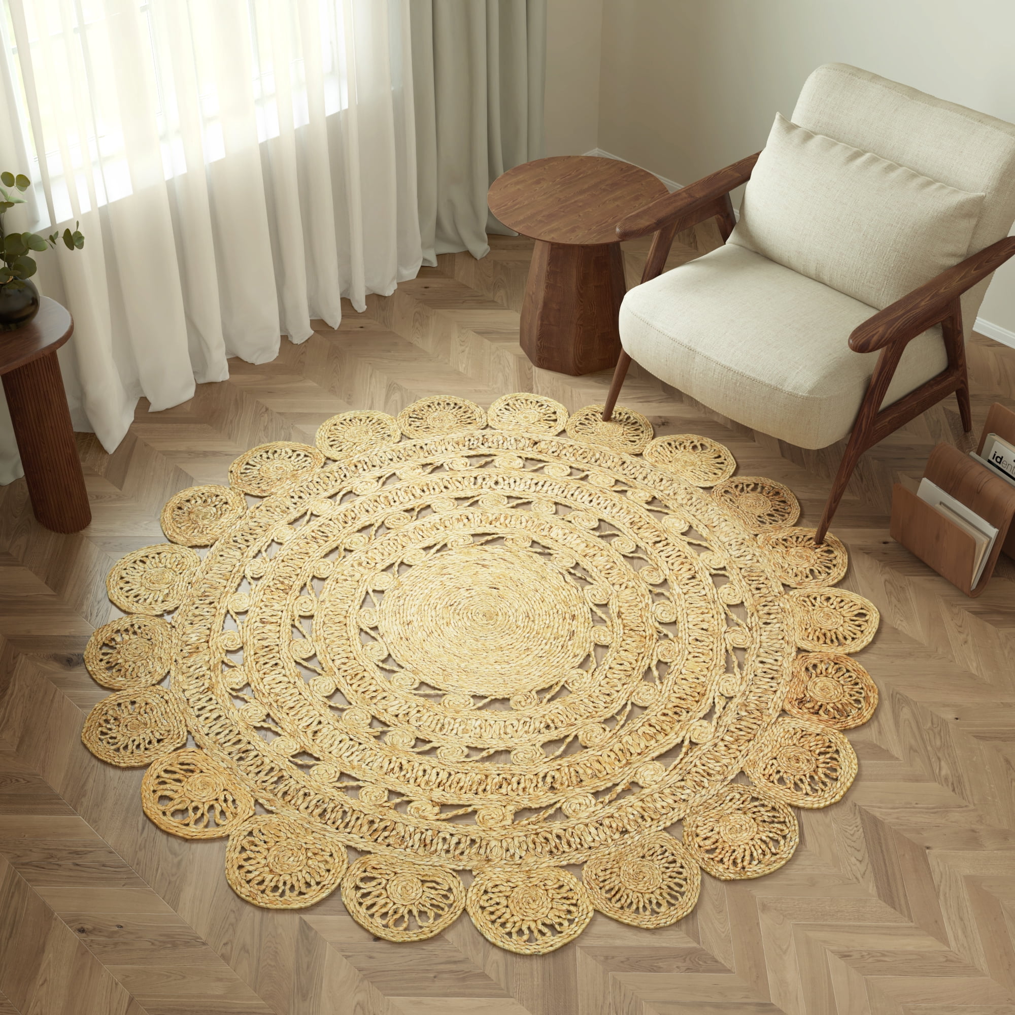 Harlow Hill Cora 8' Round Tan/Beige Geometric Hand Braided Reversible Jute Indoor Area Rug