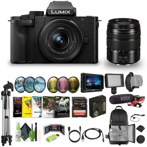 Panasonic Lumix G100D 4K Mirrorless Vlogging Camera with 12-32mm Lens and G Vario 45-150mm, Vlogger Bundle with Lilliput 7" Monitor + Tripod + Cleaning Kit + RODE Video Microphone + Accessories