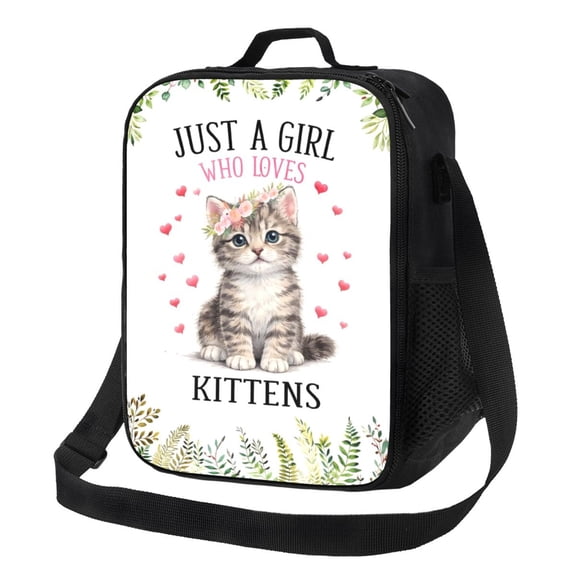 Cute Kitten Lover Lunch Bag Insulated Thermal Box with Shoulder Strap & Handle for Work and Picnic