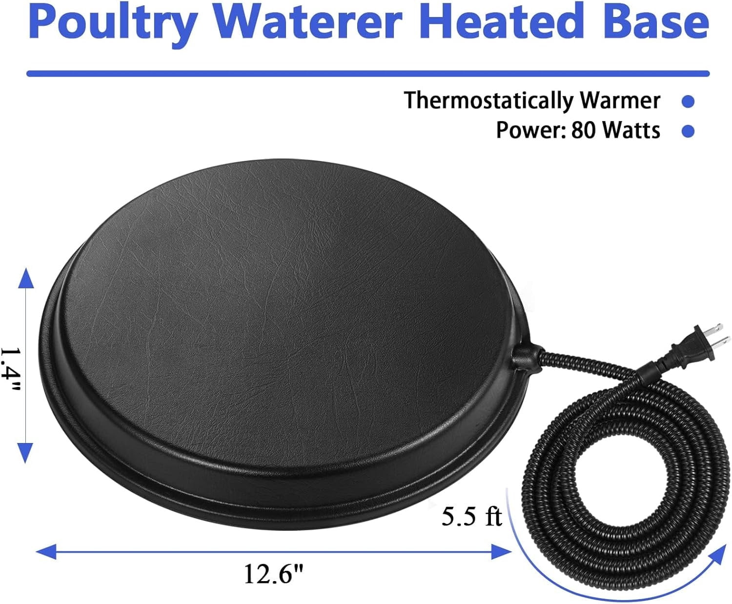 Heated Chicken Waterer with Thermostat - 80W Rapid Heating, Poultry Fountain, Continuous Cold Water Supply for Winter, Black, 120V Plug, No Battery Needed, Poultry Water Heater, Durable Construction
