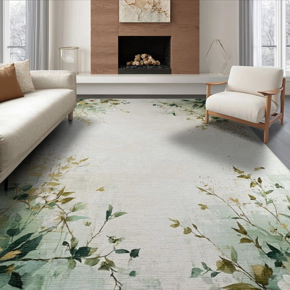 ODIKA 8'x10' Washable Area Rug Circular Watercolor Vintage Botanical Distressed Impressionist for Living Room, Under Sectional, Family , Durable, Non-Slip