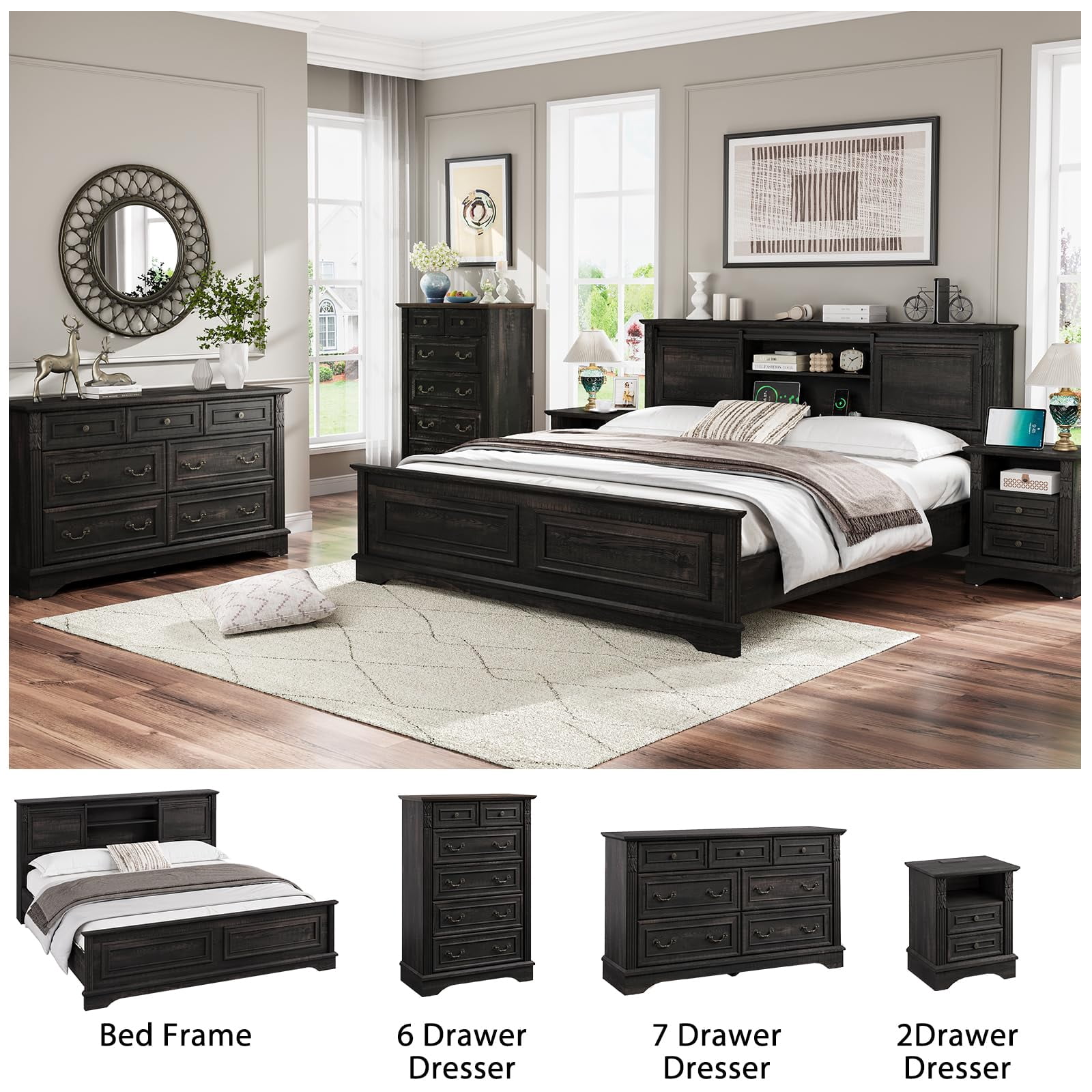BOSHIRO 6-Drawer Carved Dresser for Bedroom, Tall Farmhouse Storage Chest with Antique Brass Handles, Black Finish