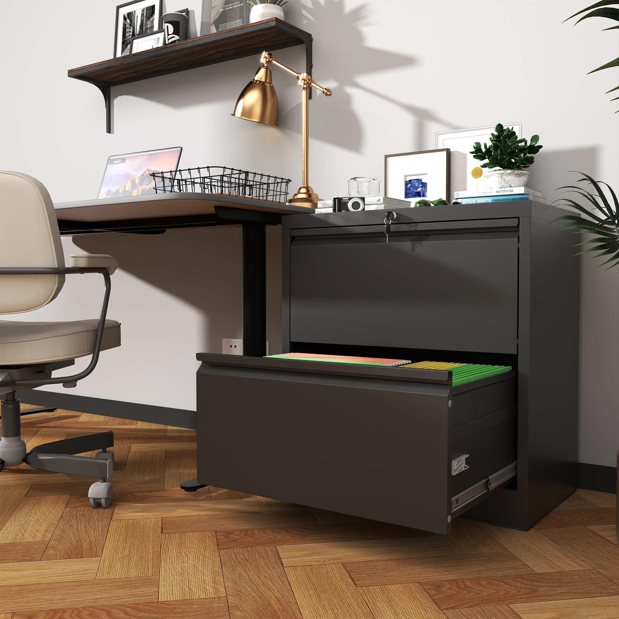 2 Drawer Lateral File Cabinet with Lock, Metal Lateral Filing Cabinet for Home Office, Steel Wide Horizontal Filing Cabinets for Letter/Legal/A4/F4 Hanging Files (Black)