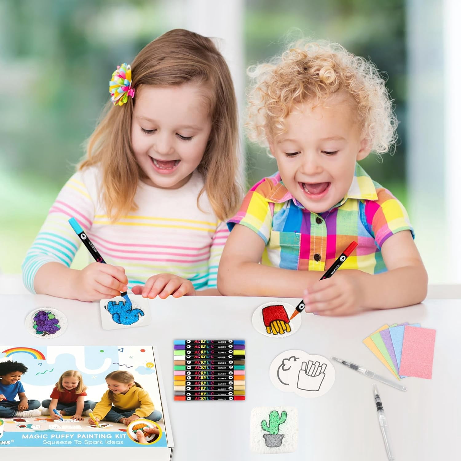 Magic Foam Texture Painting Kit for Kids Ages 6-10, 67-Piece 3D Puffy Art Set with 30 Foam Sheets, 24-Color Acrylic Markers, 2 Water Brushes and Storage Bag
