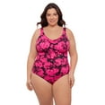 thumbnail image 2 of Aqua Green Women's Plus Size Cinched V-Neck Shirred One Piece, Fleurette Pink, 3X, 2 of 4