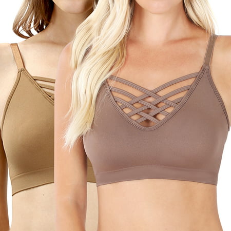 Women's Front V-Lattice Bralette Sports Bra with Adjustable Straps and Removable Bra Pads (2Pk: Coffee/Mocha, 1X/2X)