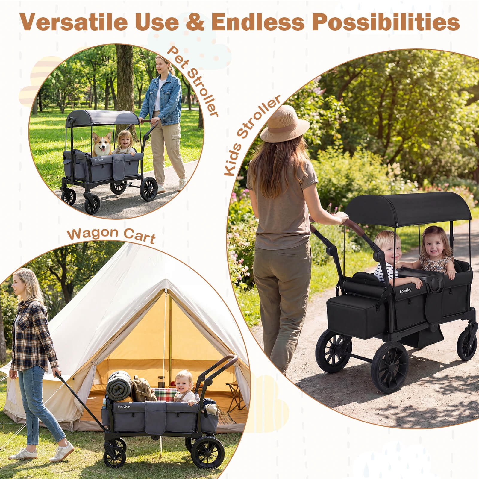 Infans Foldable Wagon Stroller for 2 Kids, Double Seater Toddler Stroller w/ Canopy