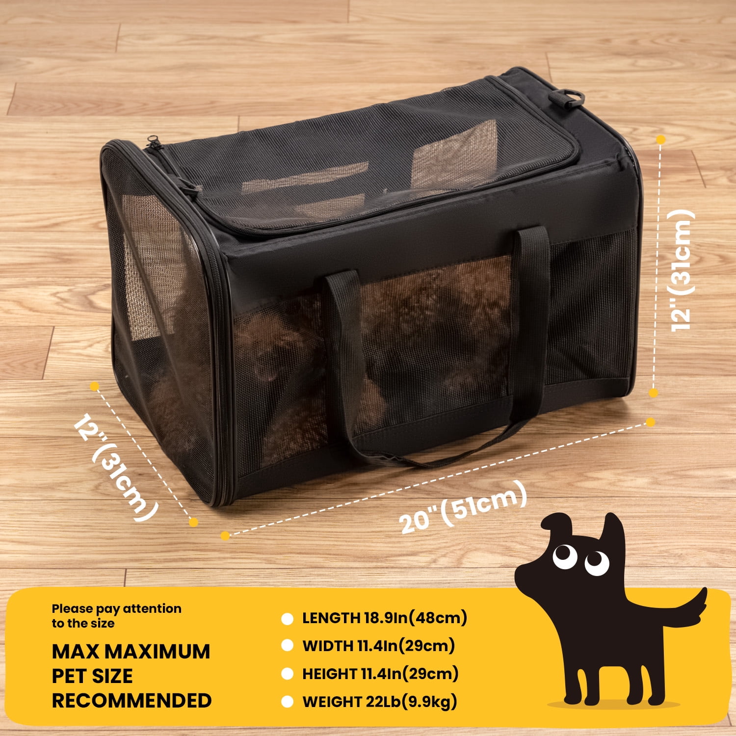 Conlun Cat Dog Carrier,Soft-Sided Pet Carriers for Dogs with 4-Sided Mesh,Cat Transport for Large Cats Small Dog Up to 9.9Kg,Collapsible Dat Travel Carrier-L,Black