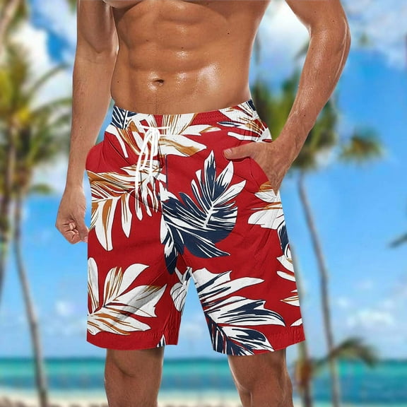 Blczomt Summer Men's Shorts Beach Casual Red Hawaiian Print Drawstring Elastic Waist Vacation Men Fashion,L