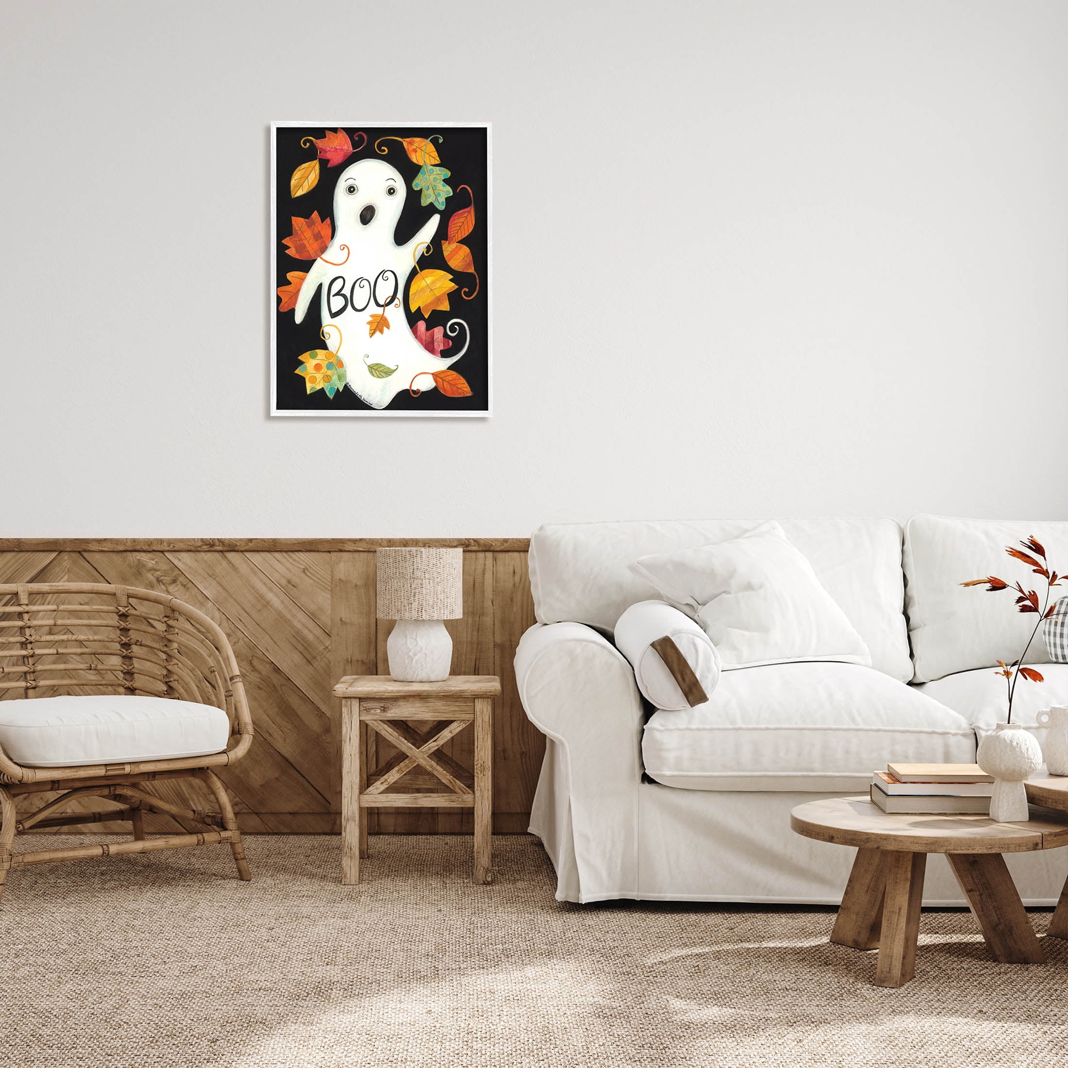 Vintage Boo Ghost Patterned Leaves Holiday Graphic Art White Framed Art Print Wall Art