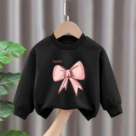SGFCWSX Girls Long Sleeve Tops Fleece Bow Print Sweatshirt Kids Crew Neck Casual Fall Sweatshirts Black Size 7 Years
