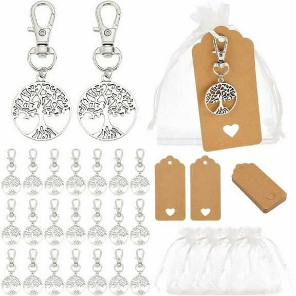 24 Sets Tree of Life Keychain Favors Party Favor Organza Gift Bags Wedding Favor Silver Tree Keyring Small Mesh Bags with Blank Tags