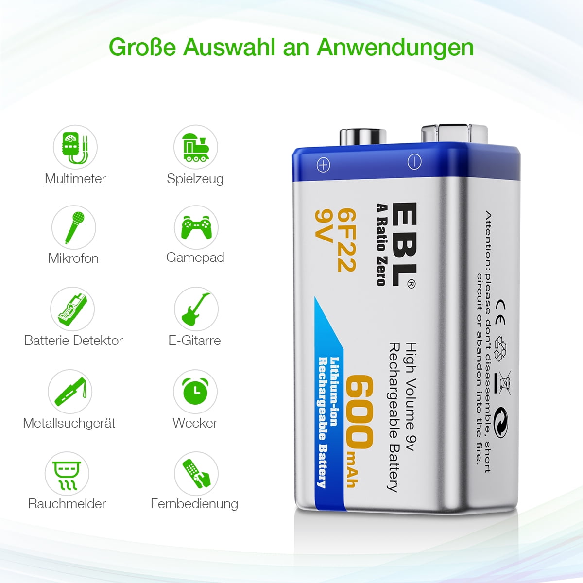EBL 6F22 9V Battery 600mAh Lithium-ion Rechargeable Batteries - Walmart.com