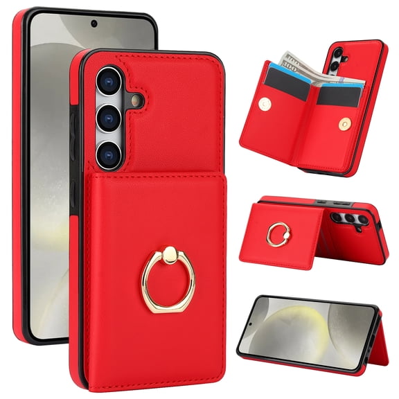 For Samsung Galaxy S24 FE Case Wallet Card Holder,Premium PU Leather Back Flip Kickstand Folio Case,RFID Blocking Ring Holder Shockproof Magnetic Women Men For Samsung Galaxy S24 FE,Red