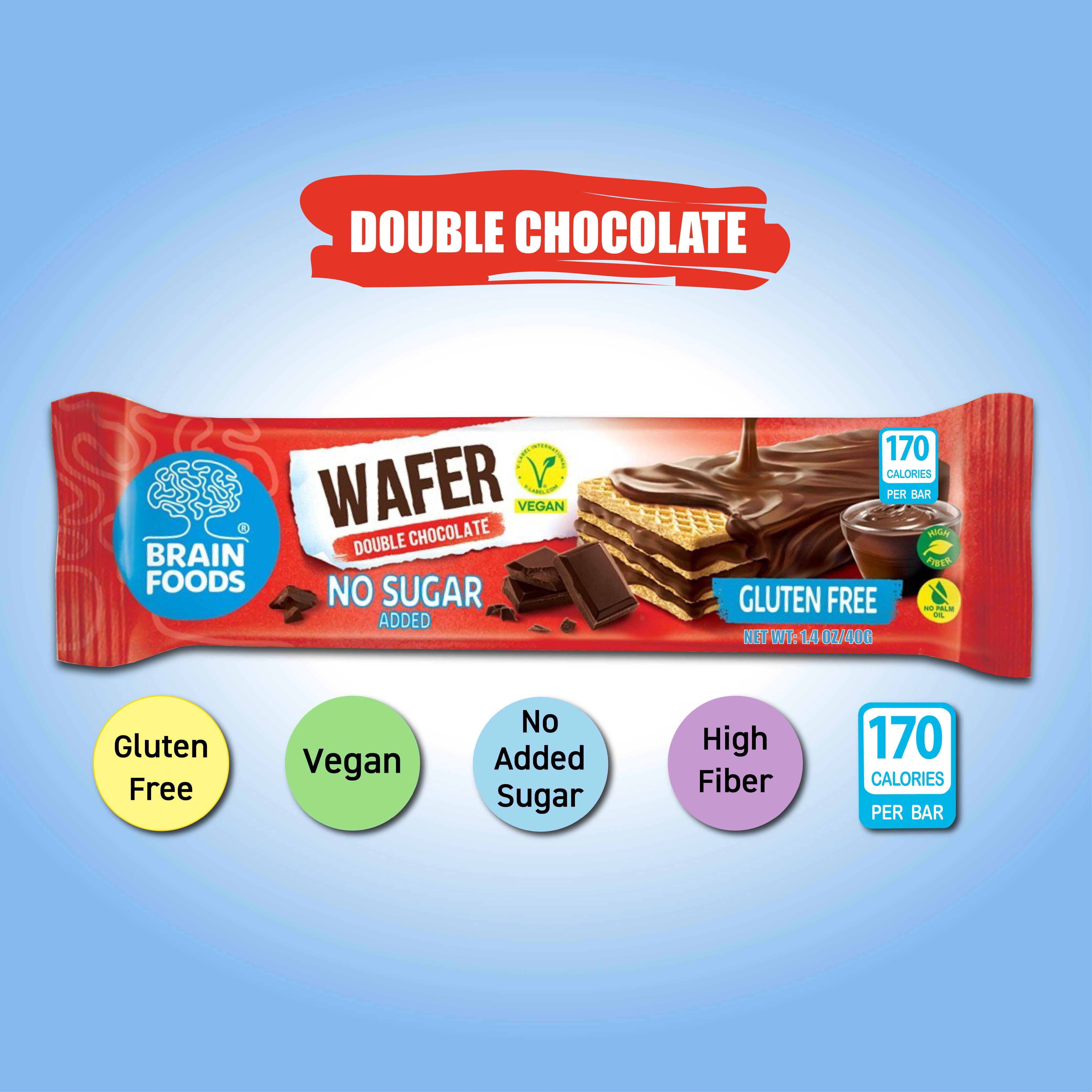 BRAIN FOODS Gluten Free Vegan Double Chocolate Wafers -  12 Bars, No Sugar Added, High Fiber, No Palm Oil, 1.4 oz, 170 Calories, Guilt Free Snack, Natural Chocolate Flavor