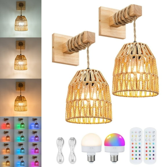 2 PACK Wall Sconces, Battery Operated Wall Sconce with Remote Control, Boho Rattan Bamboo Hanging Wall Light Rechargeable Wireless Wall Lamp for Indoor, Bulbs Included